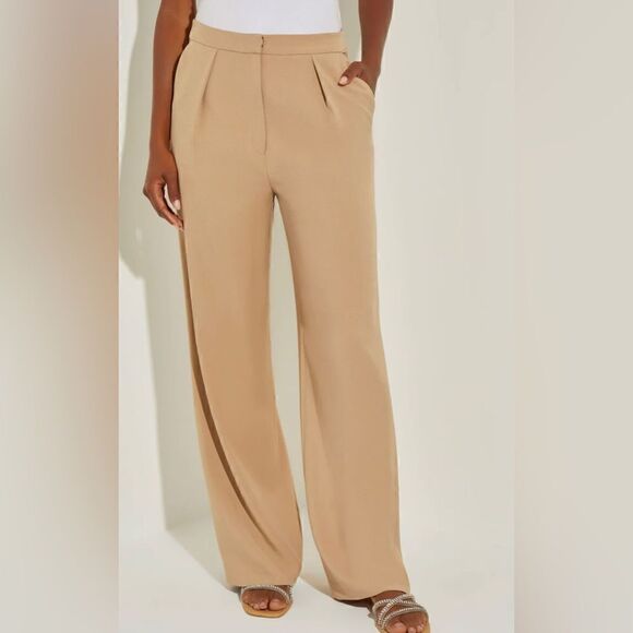 Tailored Wide Leg Twill Crepe Pant, Sand - Picture 2 of 10